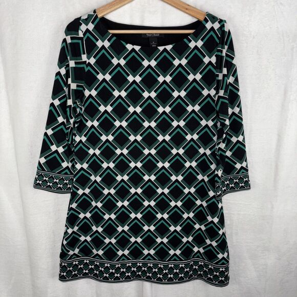 Geometric Artsy Tunic Shift Dress Black Green White 3/4 Sleeve Womens Medium - Picture 2 of 6